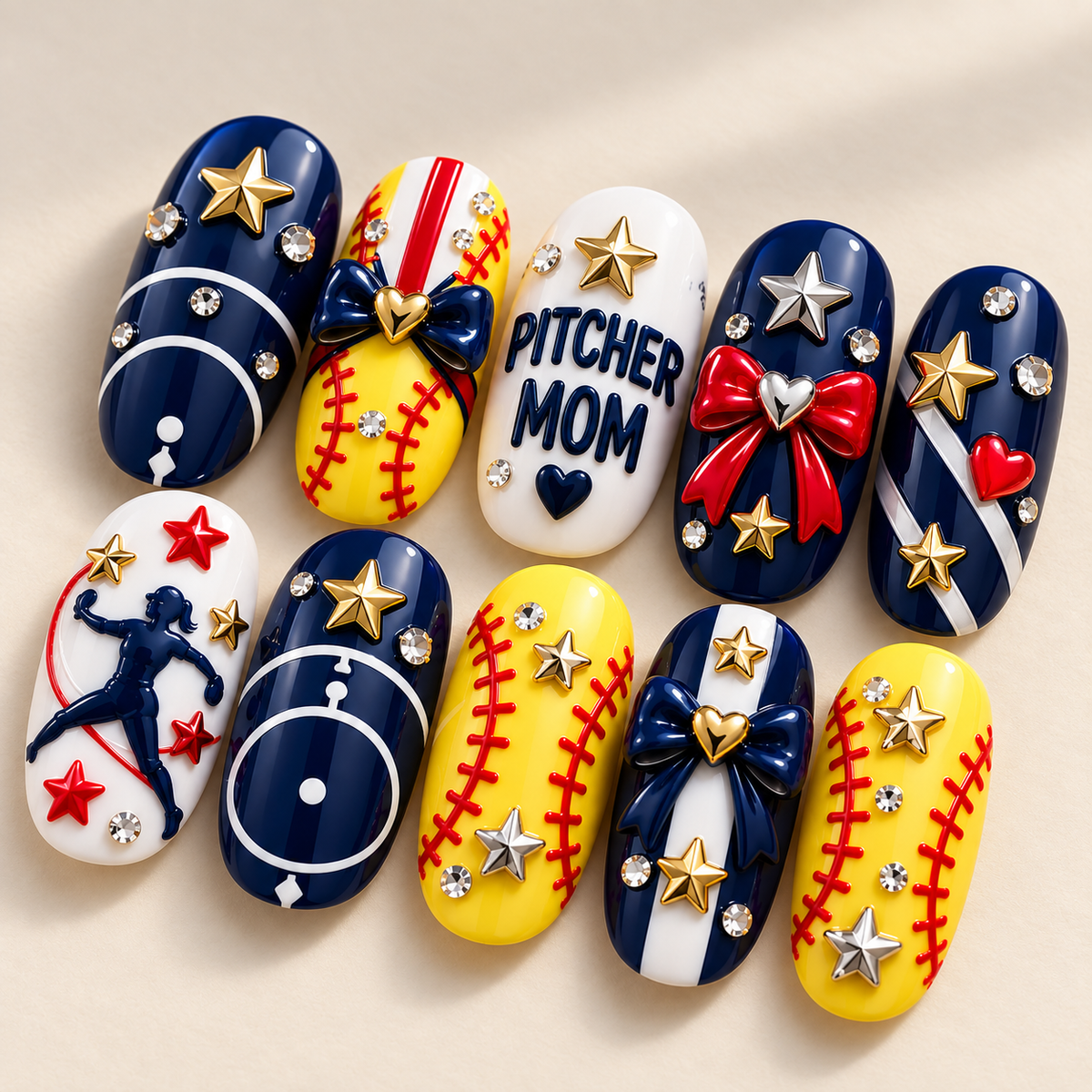 Pitcher Mom 3D Press-On Nails – Softball Game Day Nail Set