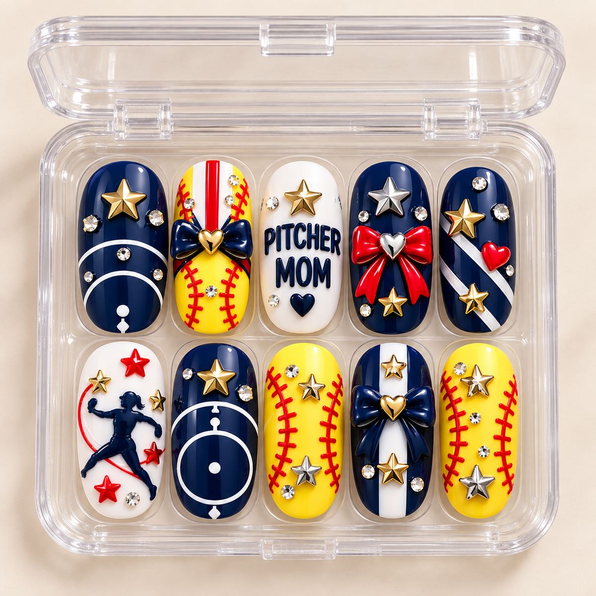 Pitcher Mom 3D Press-On Nails – Softball Game Day Nail Set