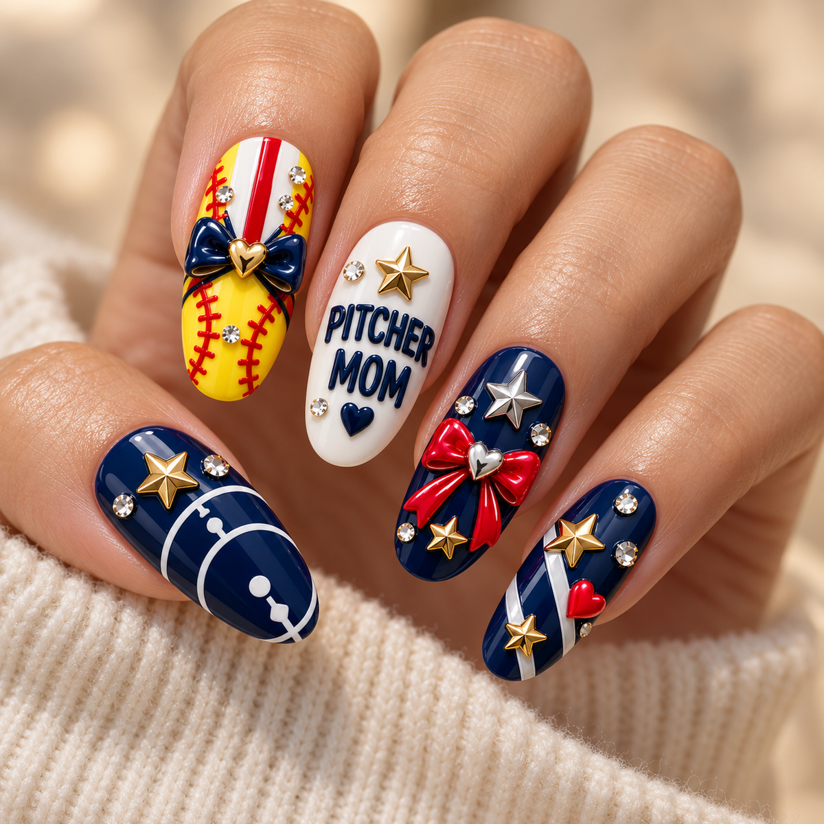 Pitcher Mom 3D Press-On Nails – Softball Game Day Nail Set