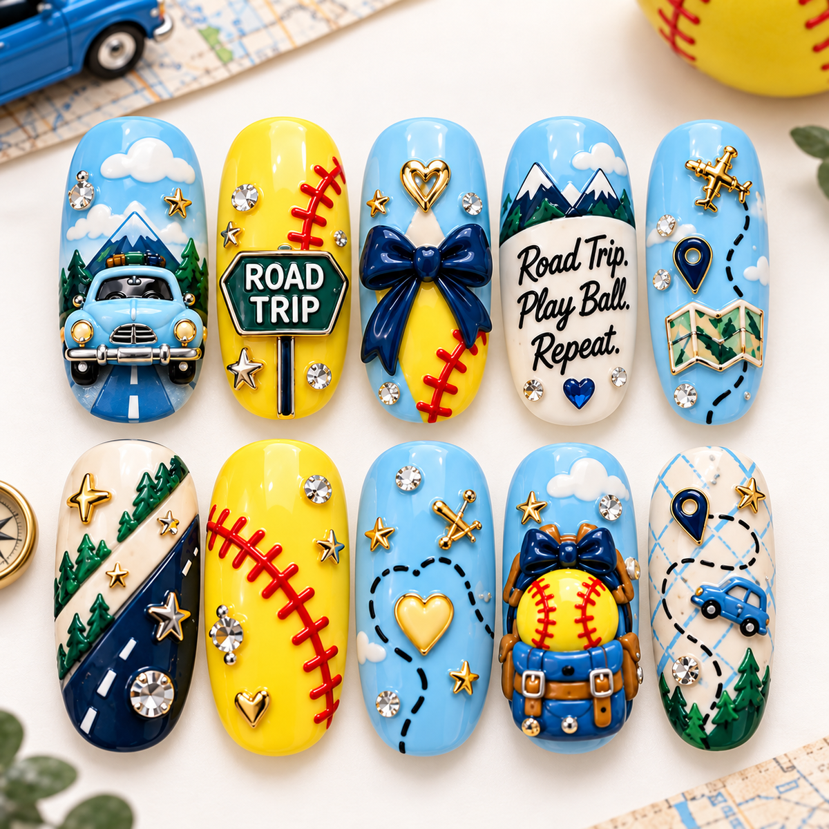 Road Trip Softball Mom 3D Press-On Nails – Game Day Travel Nail Set
