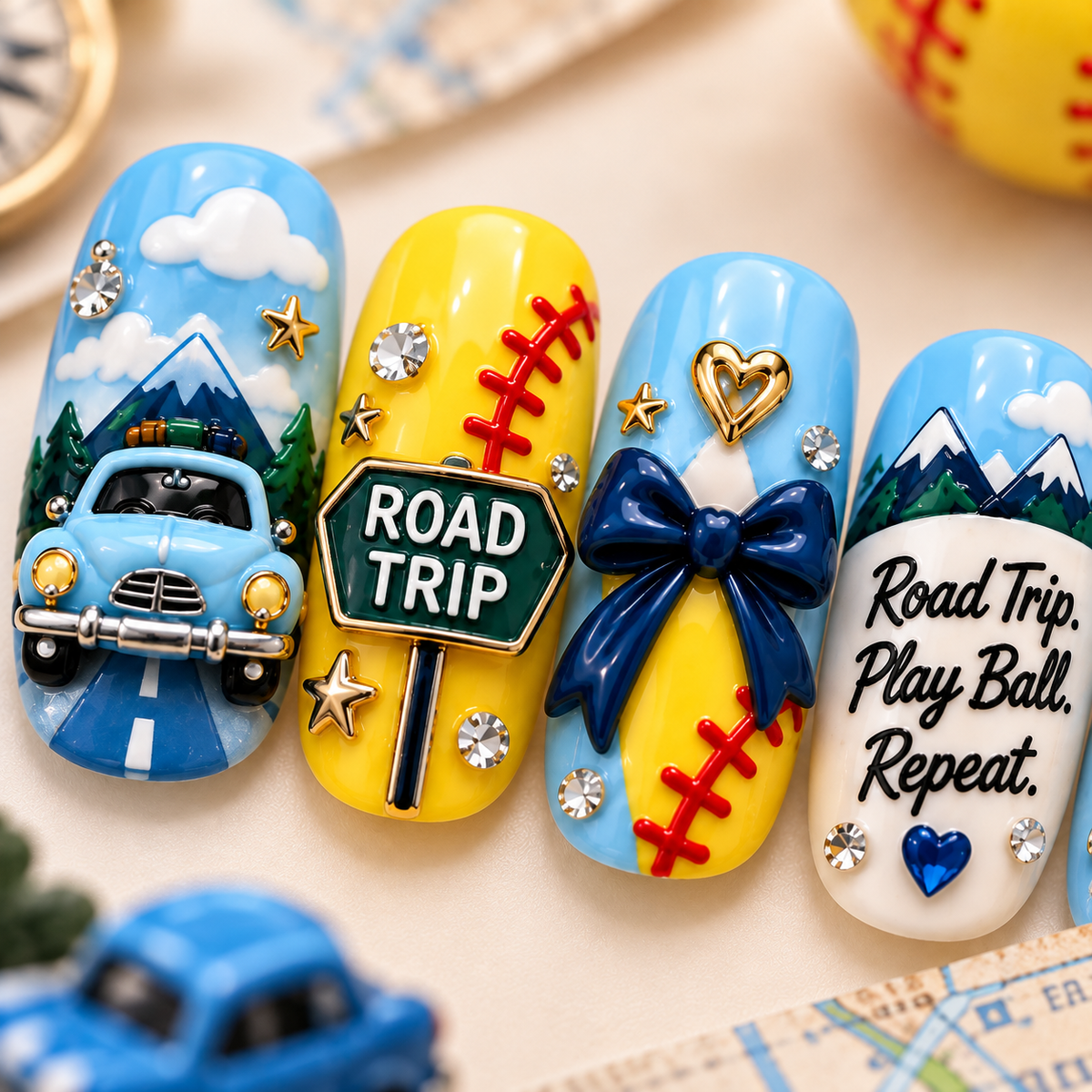 Road Trip Softball Mom 3D Press-On Nails – Game Day Travel Nail Set
