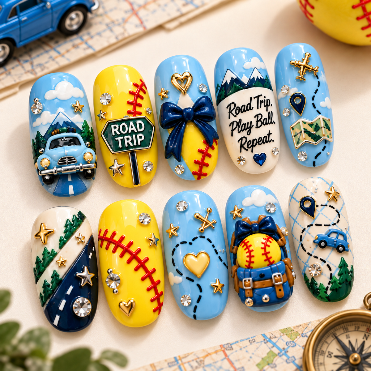 Road Trip Softball Mom 3D Press-On Nails – Game Day Travel Nail Set