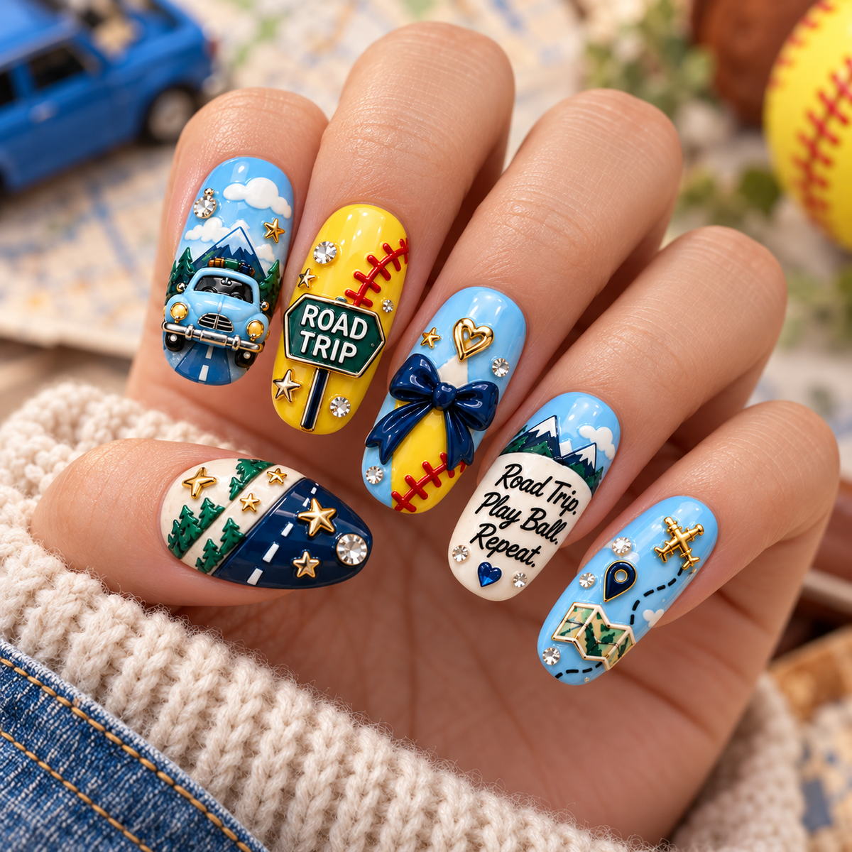 Road Trip Softball Mom 3D Press-On Nails – Game Day Travel Nail Set