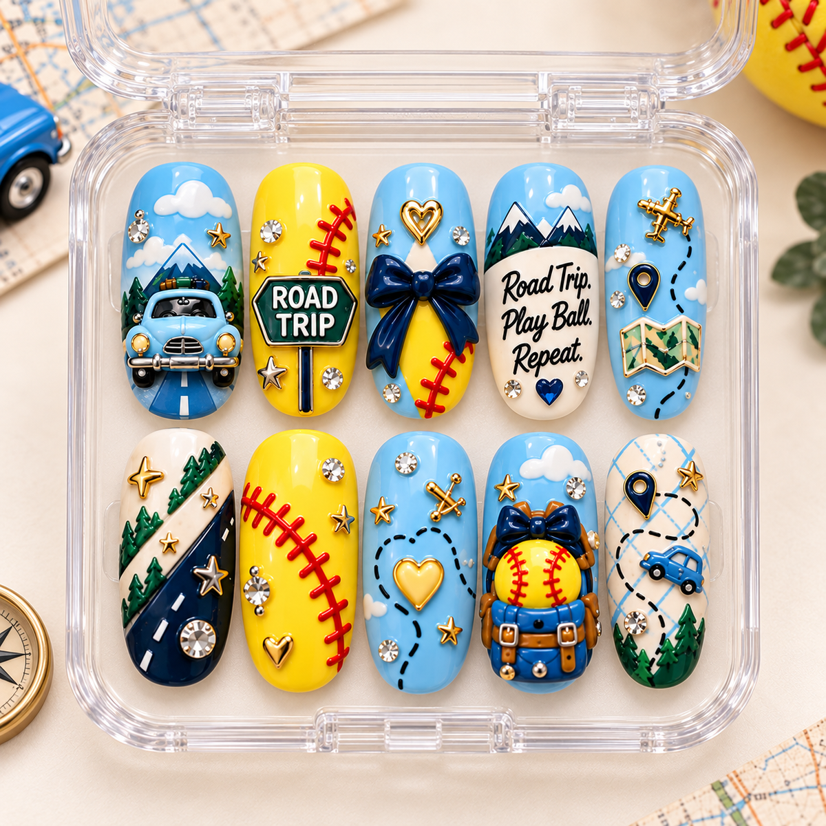 Road Trip Softball Mom 3D Press-On Nails – Game Day Travel Nail Set