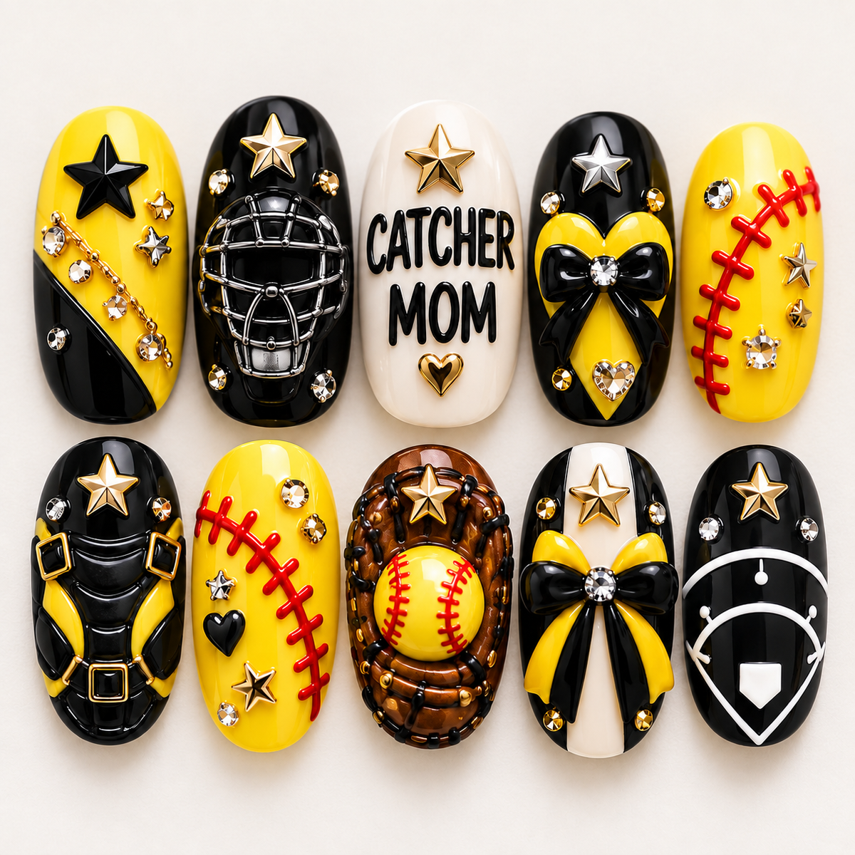 Catcher Mom 3D Press-On Nails – Softball Game Day Nail Set