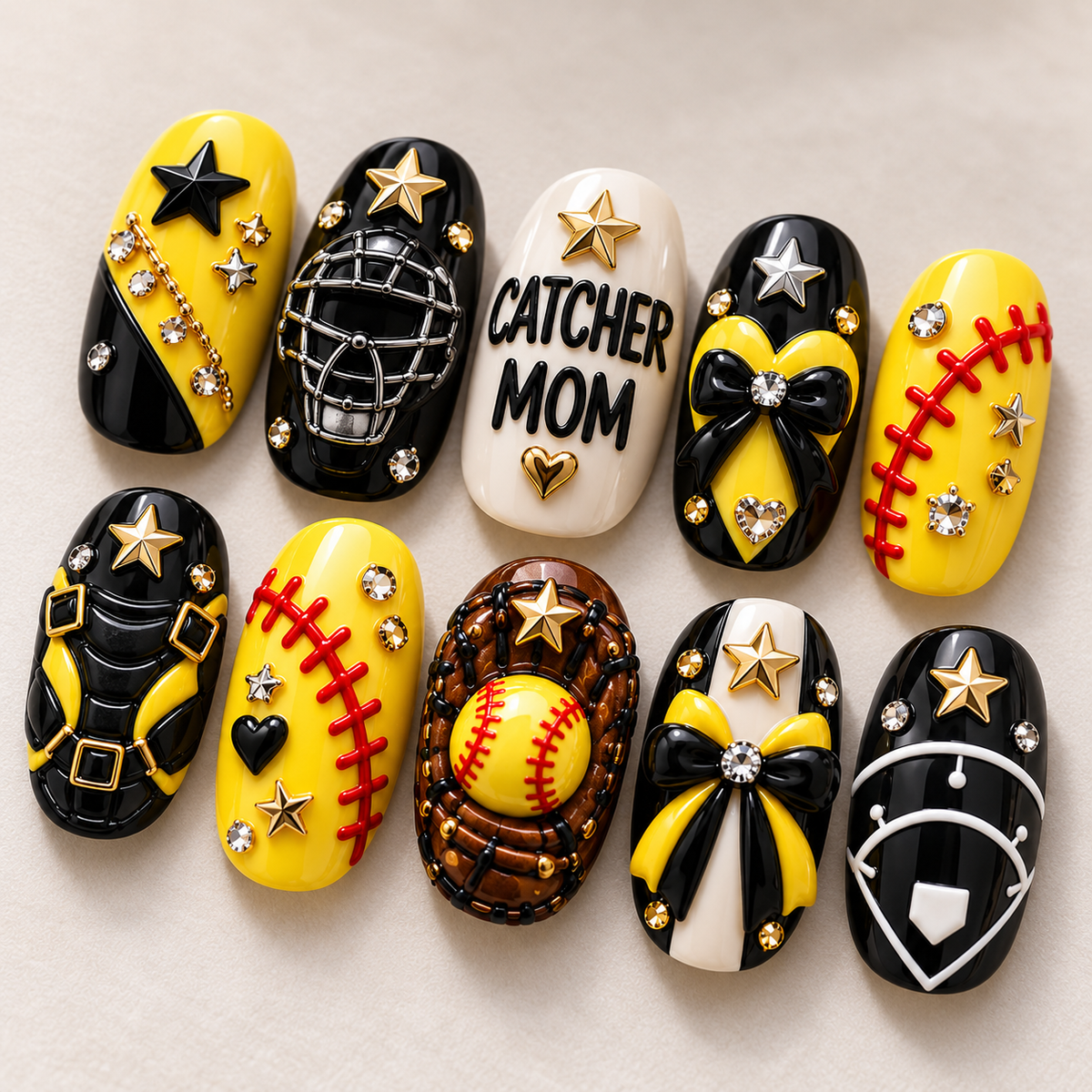 Catcher Mom 3D Press-On Nails – Softball Game Day Nail Set