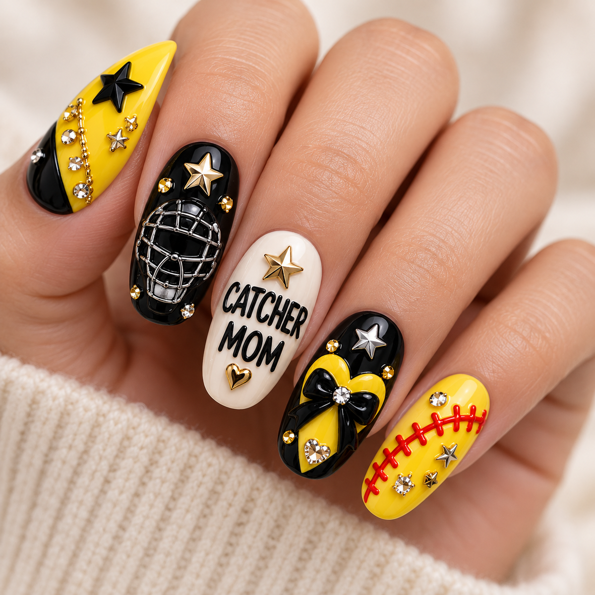 Catcher Mom 3D Press-On Nails – Softball Game Day Nail Set