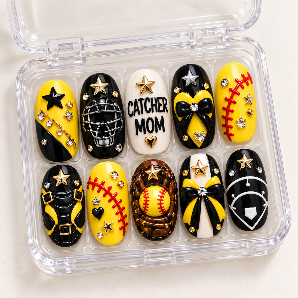 Catcher Mom 3D Press-On Nails – Softball Game Day Nail Set