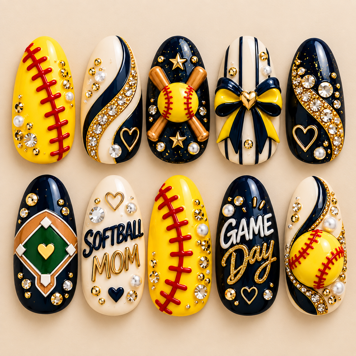 Softball Mom Game Day 3D Press-On Nails – Navy & Yellow Nail Set