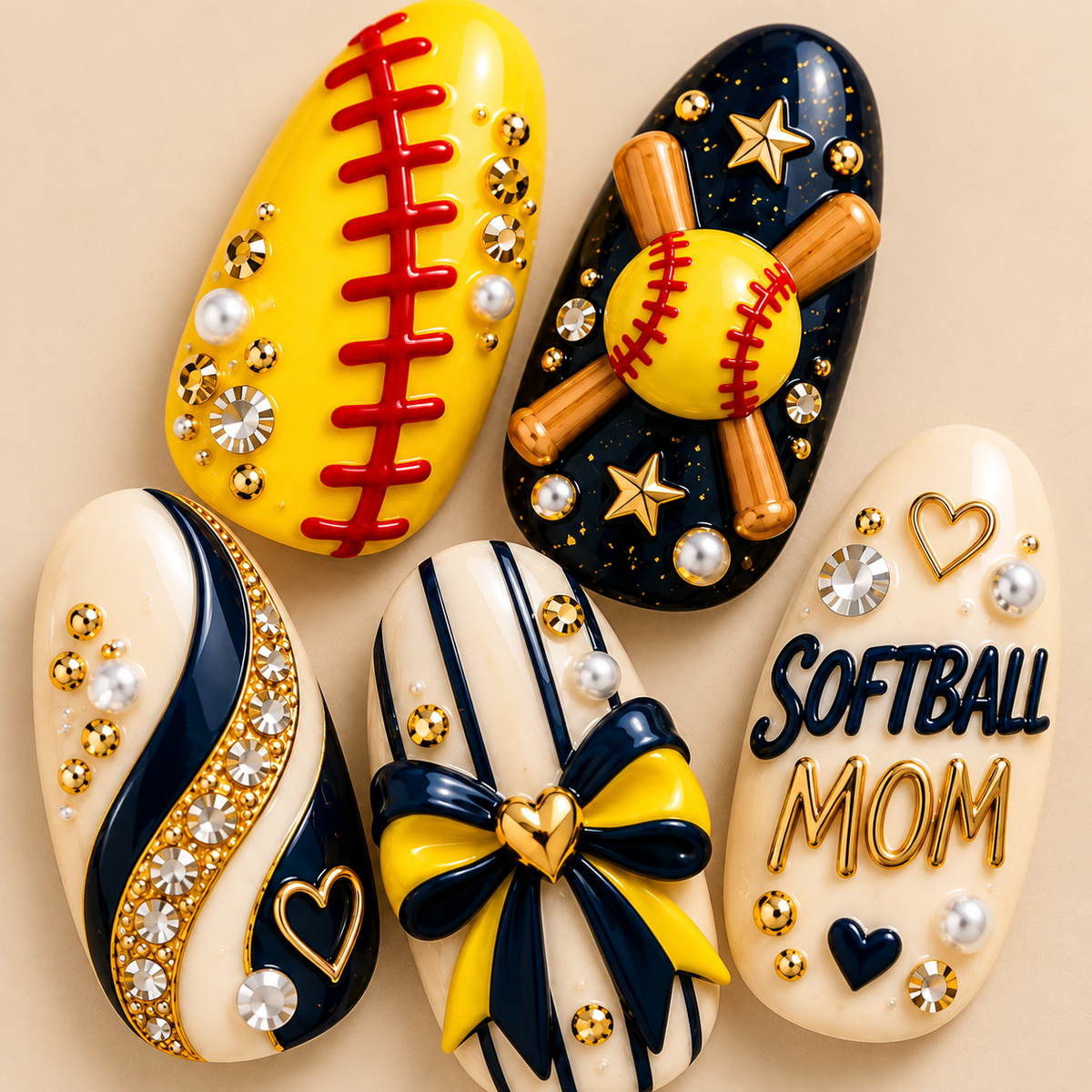 Softball Mom Game Day 3D Press-On Nails – Navy & Yellow Nail Set