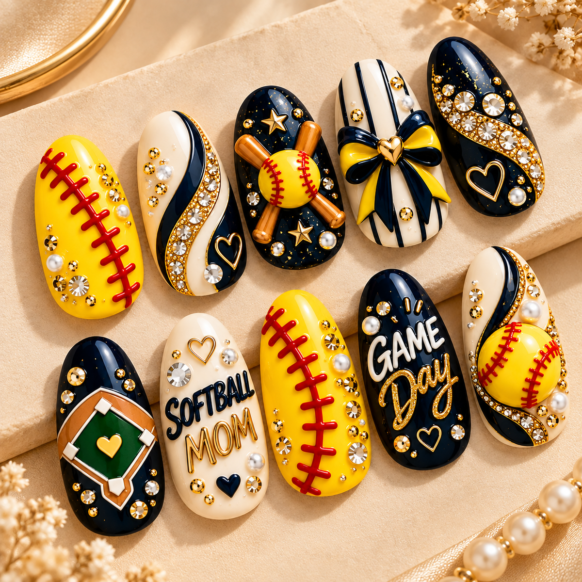 Softball Mom Game Day 3D Press-On Nails – Navy & Yellow Nail Set