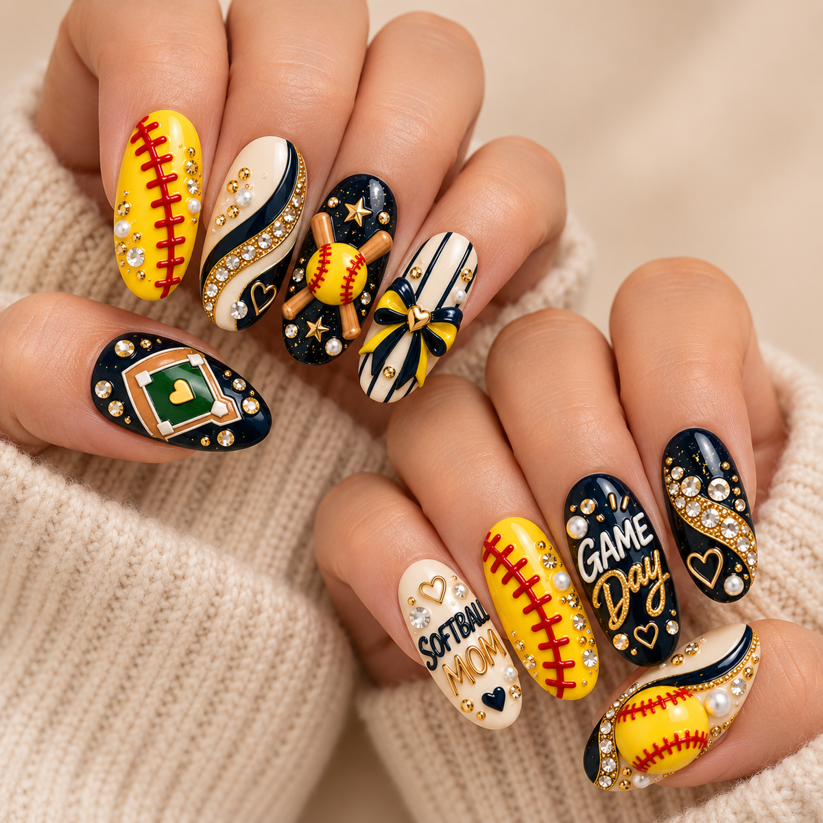 Softball Mom Game Day 3D Press-On Nails – Navy & Yellow Nail Set