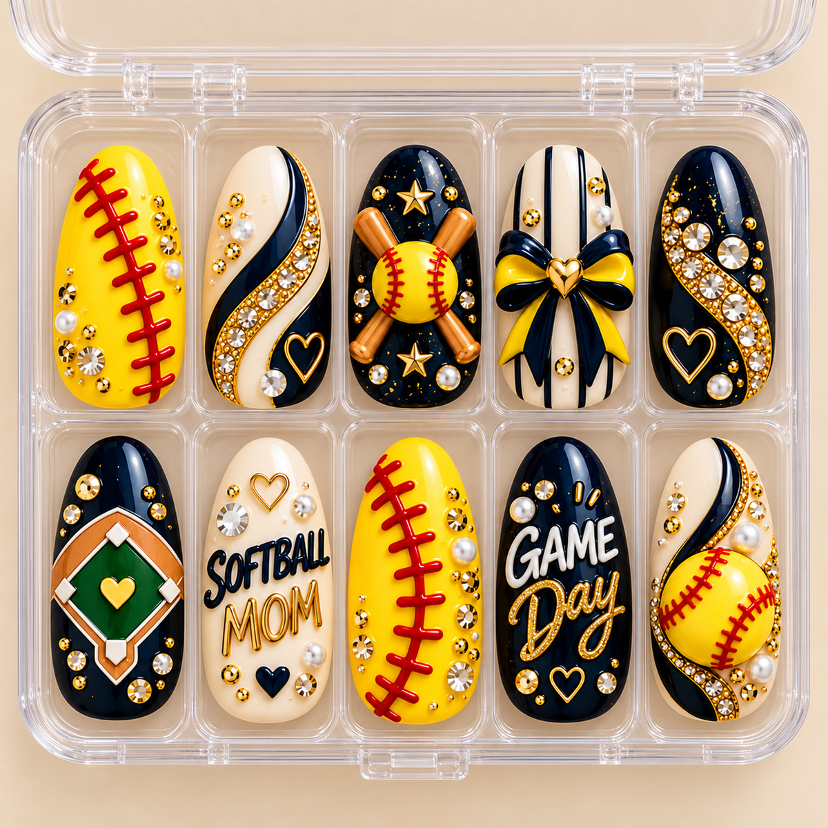 Softball Mom Game Day 3D Press-On Nails – Navy & Yellow Nail Set