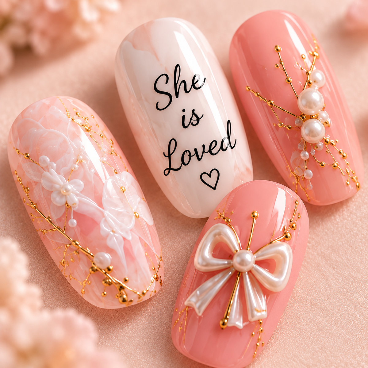 She Is Loved 3D Press-On Nails – Christian Pink Inspirational Nail Set