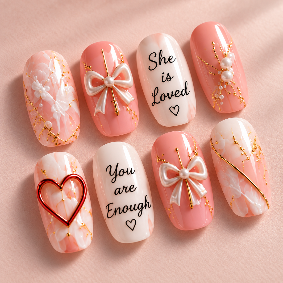 She Is Loved 3D Press-On Nails – Christian Pink Inspirational Nail Set