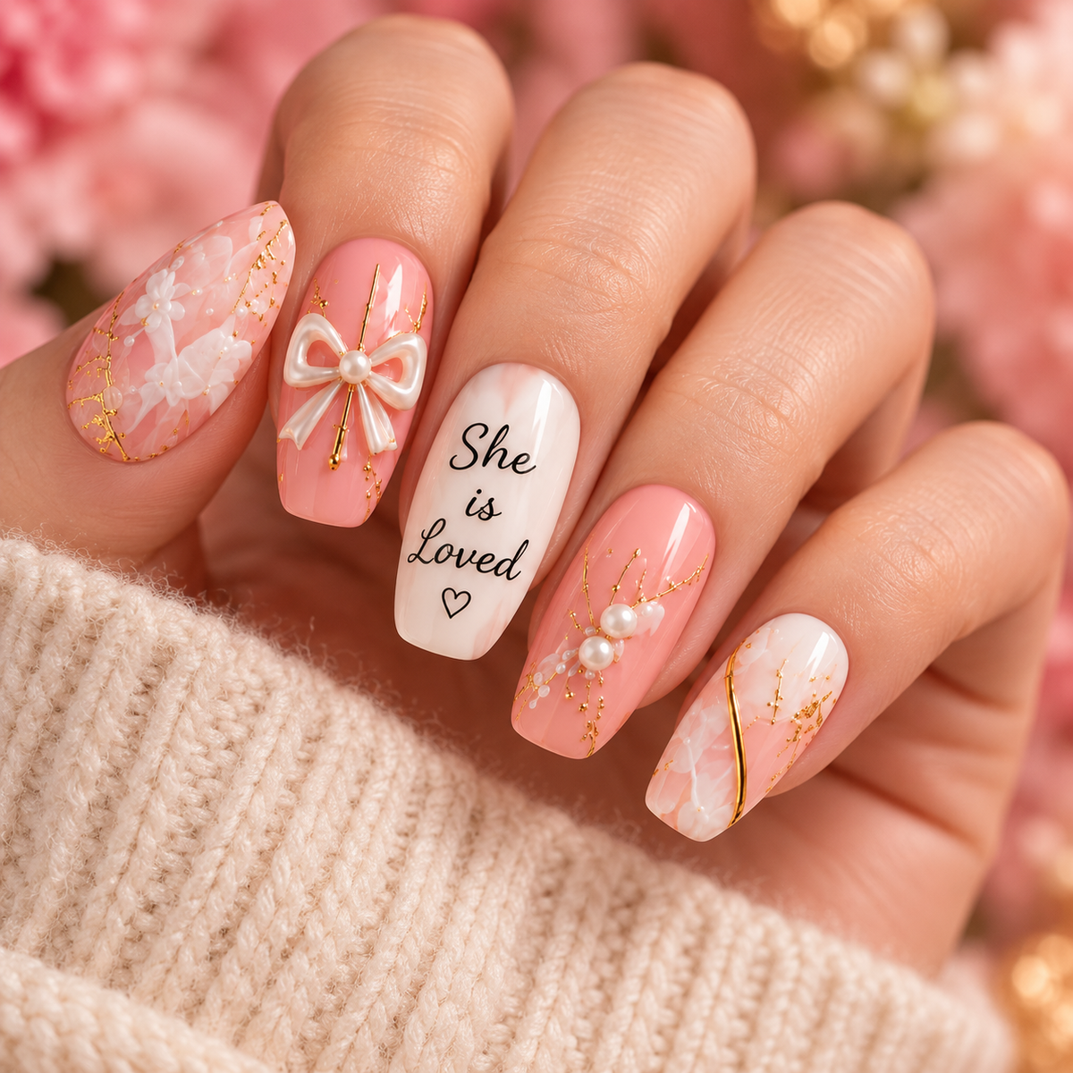 She Is Loved 3D Press-On Nails – Christian Pink Inspirational Nail Set