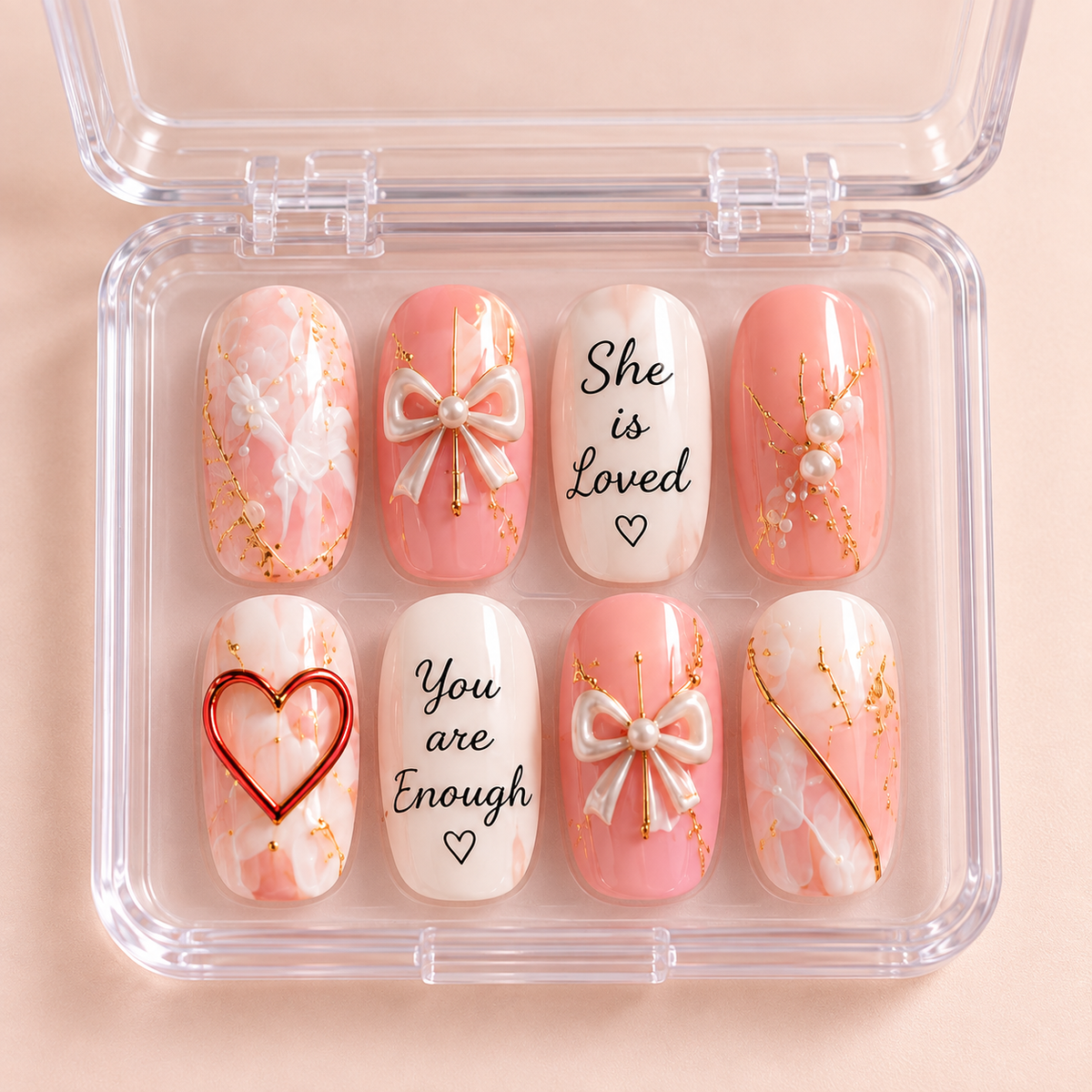 She Is Loved 3D Press-On Nails – Christian Pink Inspirational Nail Set