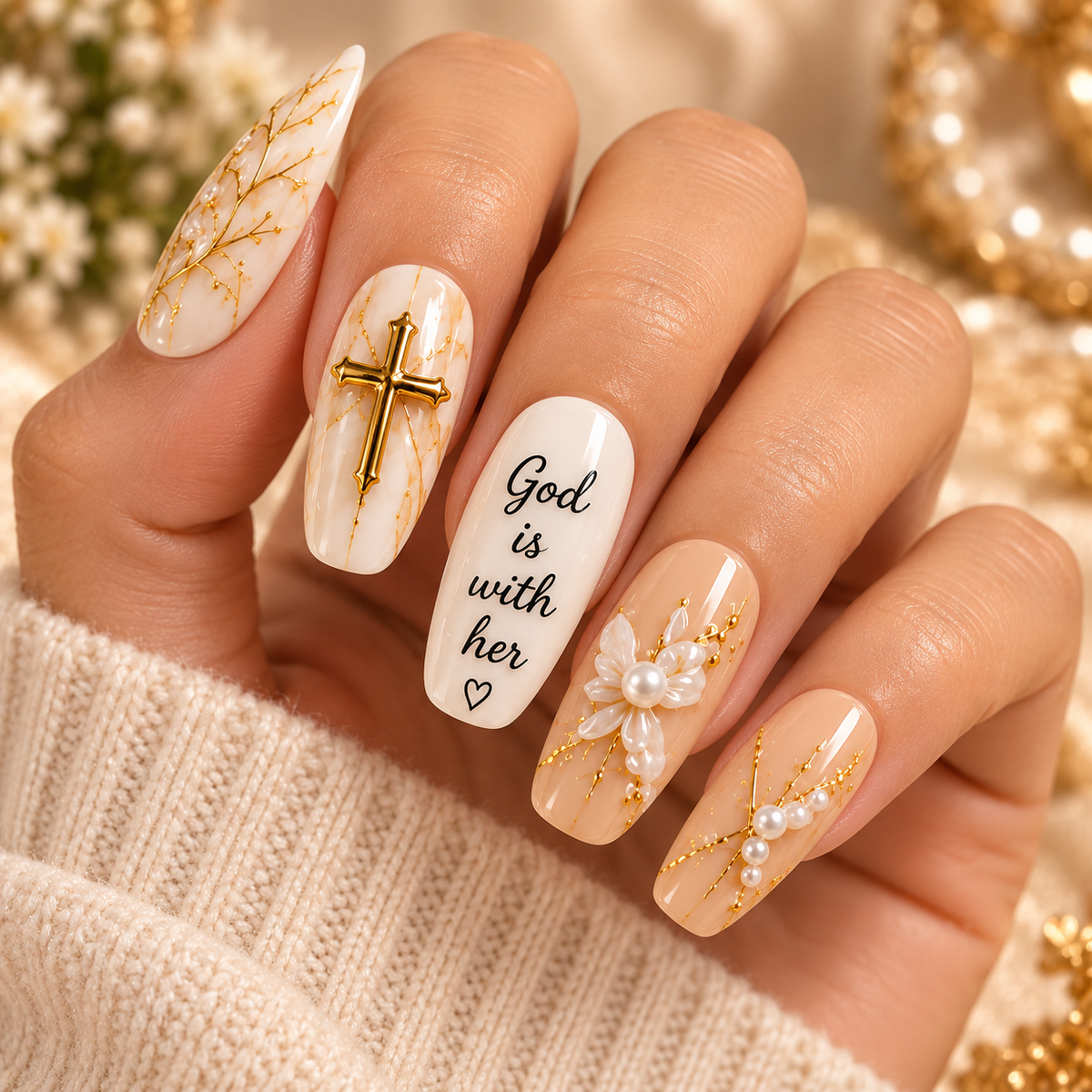 God Is With Her 3D Press-On Nails – Elegant Faith Nail Set
