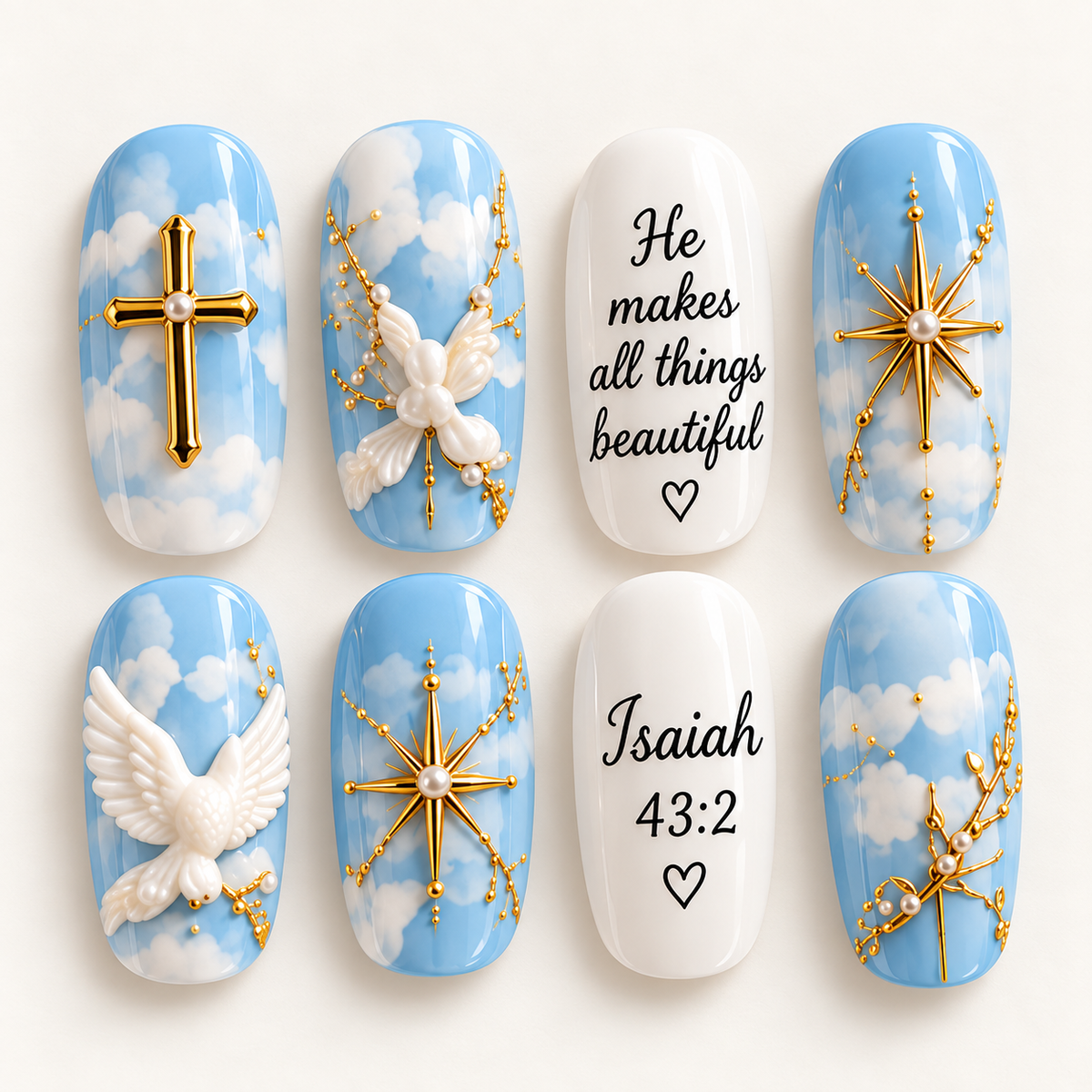 He Makes All Things Beautiful 3D Press-On Nails – Blue Sky Christian Nail Set
