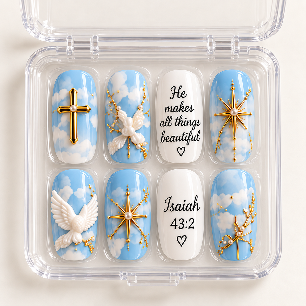 He Makes All Things Beautiful 3D Press-On Nails – Blue Sky Christian Nail Set