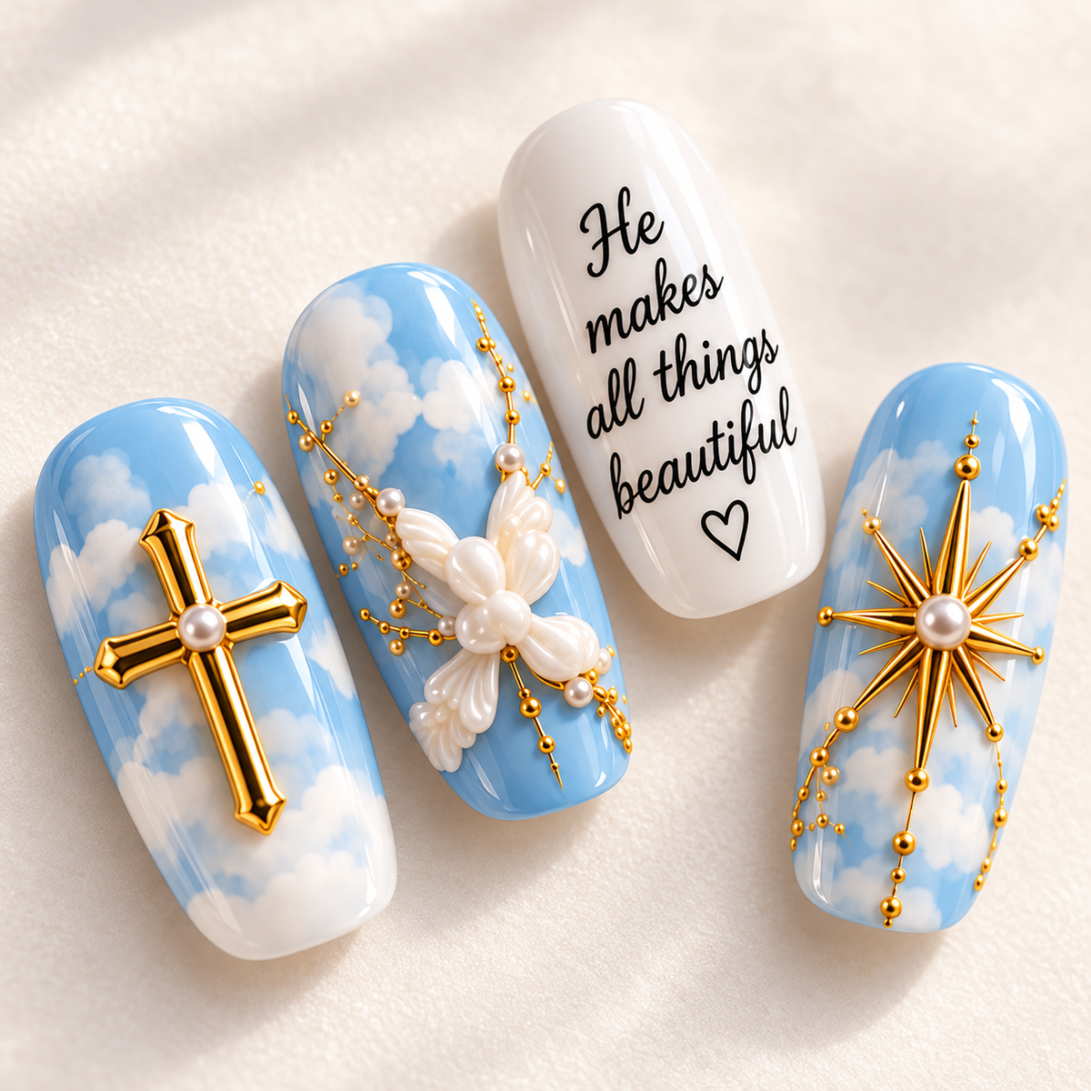 He Makes All Things Beautiful 3D Press-On Nails – Blue Sky Christian Nail Set