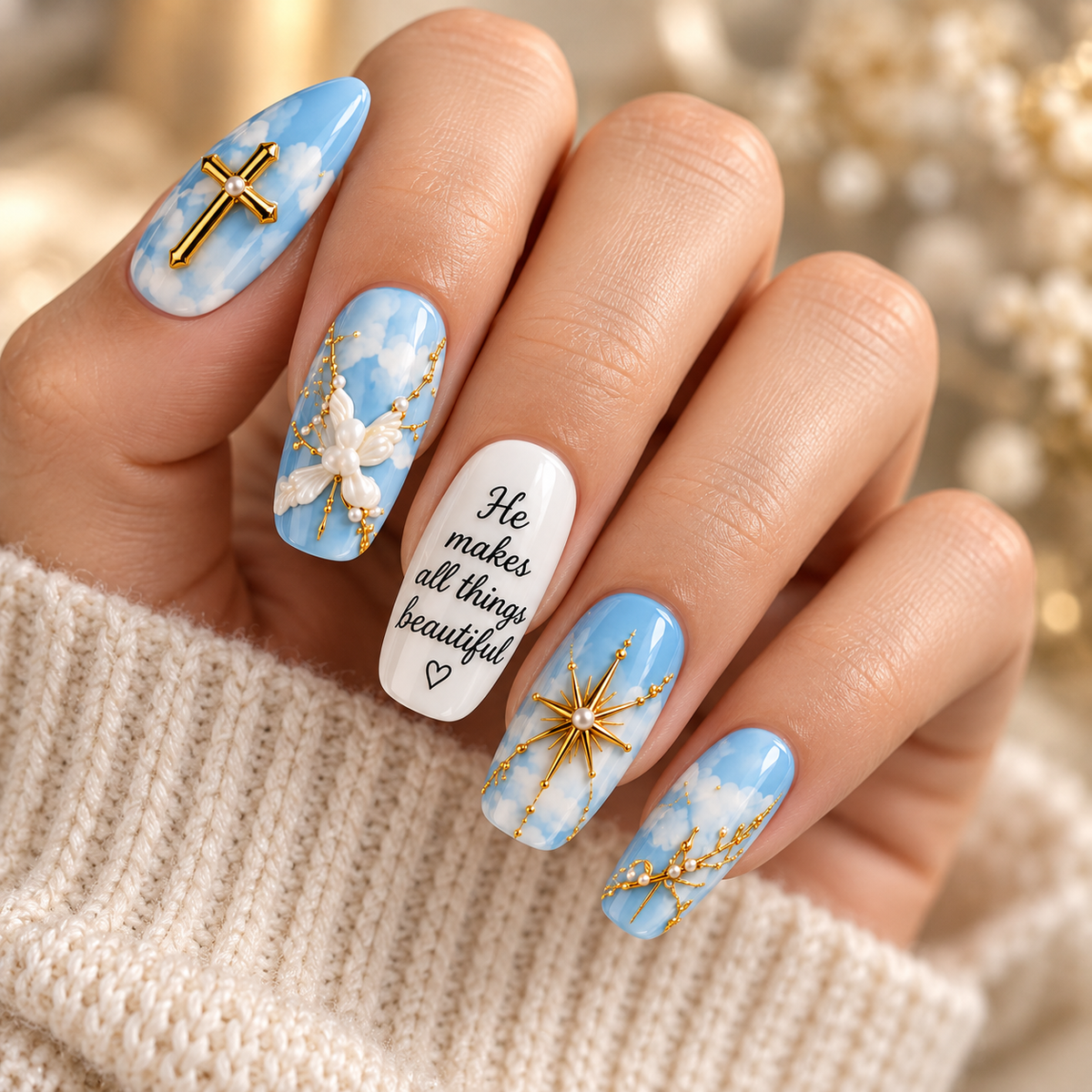 He Makes All Things Beautiful 3D Press-On Nails – Blue Sky Christian Nail Set