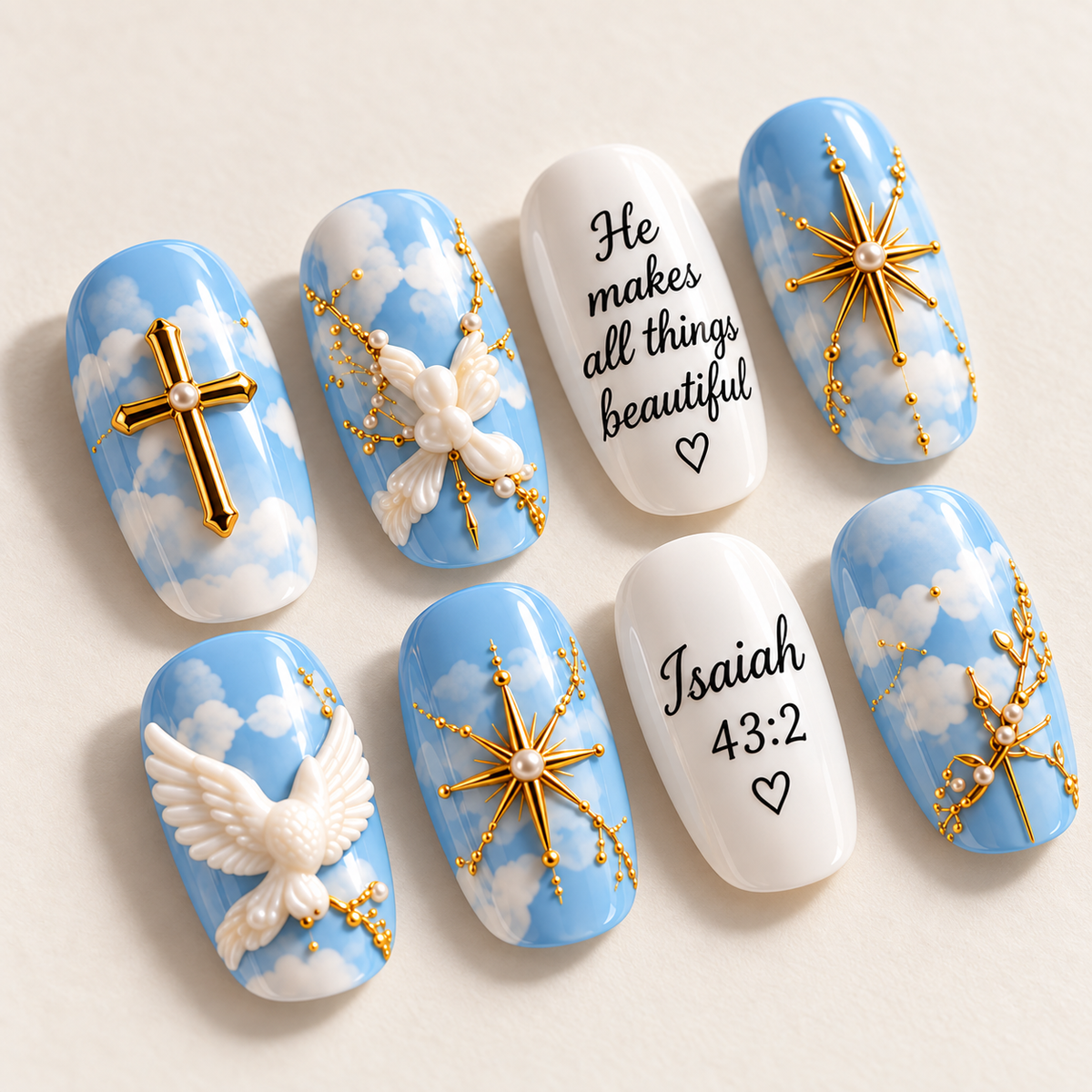 He Makes All Things Beautiful 3D Press-On Nails – Blue Sky Christian Nail Set